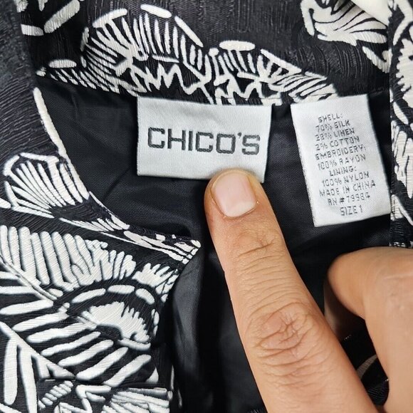Chico's Jacket Womens Size M Silk Linen Black White Floral Print Embroidered - Picture 3 of 7